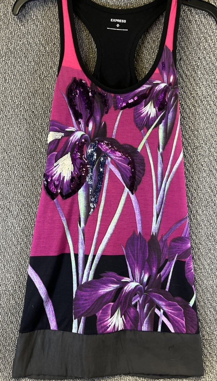 Express Racerback Tank Tunic Abstract Floral Sequined Womens Size Extra Small
